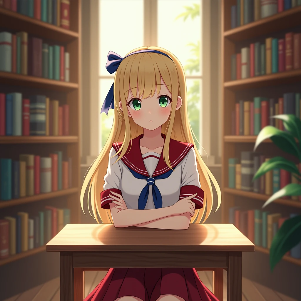 ((masterpiece,Best, high resolution)), 1 Girl, Solitary, Green Eyes, Long blond hair tied with a blue ribbon, Bangs, Seating, Cross your hands on the table, Sleeping with crossed arms, School Uniform, White sailor suit, Red sailor collar, Short sleeve, White pleated skirt, (In the library), Dramatic lighting, By the window, afternoon light through the window, afternoon, Bokeh effect