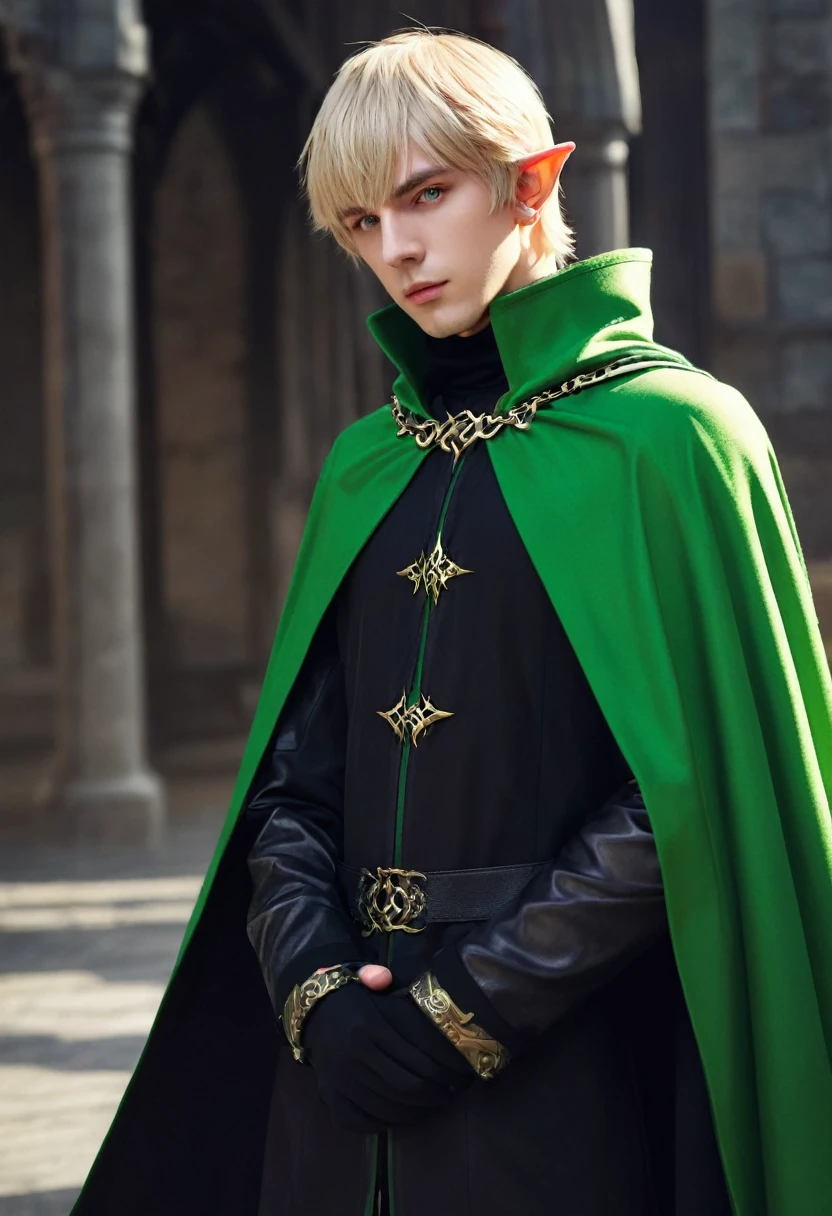 masterpiece, Best, 1 person, aldult, Male focus, Solitary, Medium Blonde, Bright green eyes, Looking at the audience, cape, High quality metal material, Coat, Shut up, Bangs, Turtleneck,(kbxll:0.6), Fantasy Aesthetics, Very detailed, Shadowverse Style, Executive Clothing, Elf ears, Repairing hands