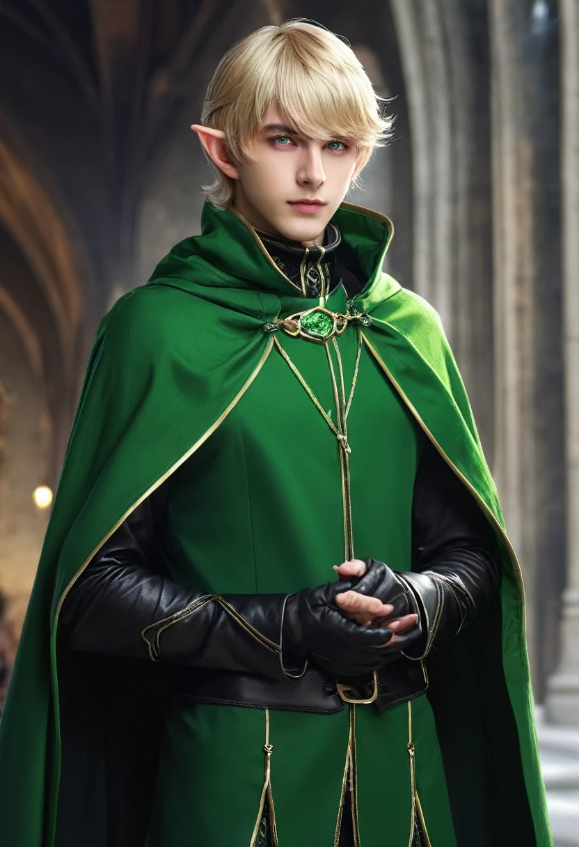 masterpiece, Best, 1 person, aldult, Male focus, Solitary, Medium Blonde, Bright green eyes, Looking at the audience, cape, High quality metal material, Coat, Shut up, Bangs, Turtleneck,(kbxll:0.6), Fantasy Aesthetics, Very detailed, Shadowverse Style, Executive Clothing, Elf ears, Repairing hands
