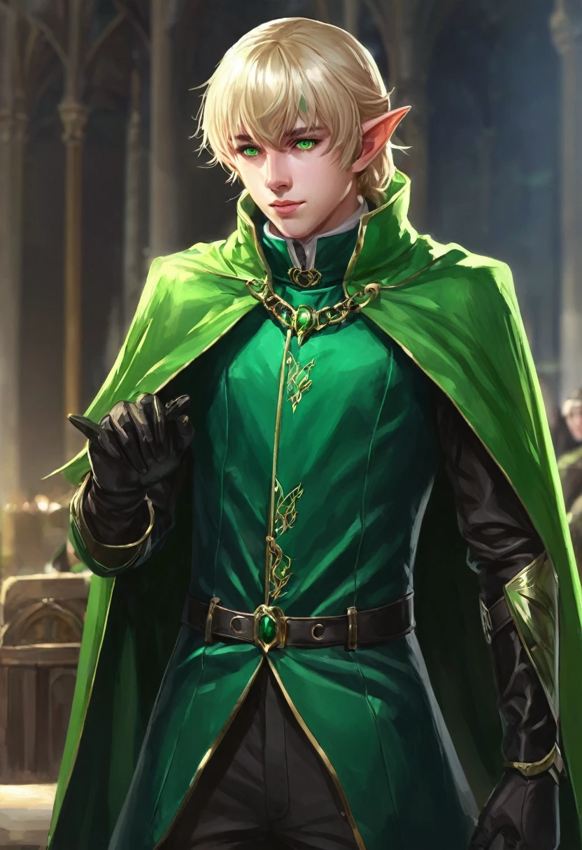 masterpiece, Best, 1 person, aldult, Male focus, Solitary, Medium Blonde, Bright green eyes, Looking at the audience, cape, High quality metal material, Coat, Shut up, Bangs, Turtleneck,(kbxll:0.6), Fantasy Aesthetics, Very detailed, Shadowverse Style, Executive Clothing, Elf ears, Repairing hands