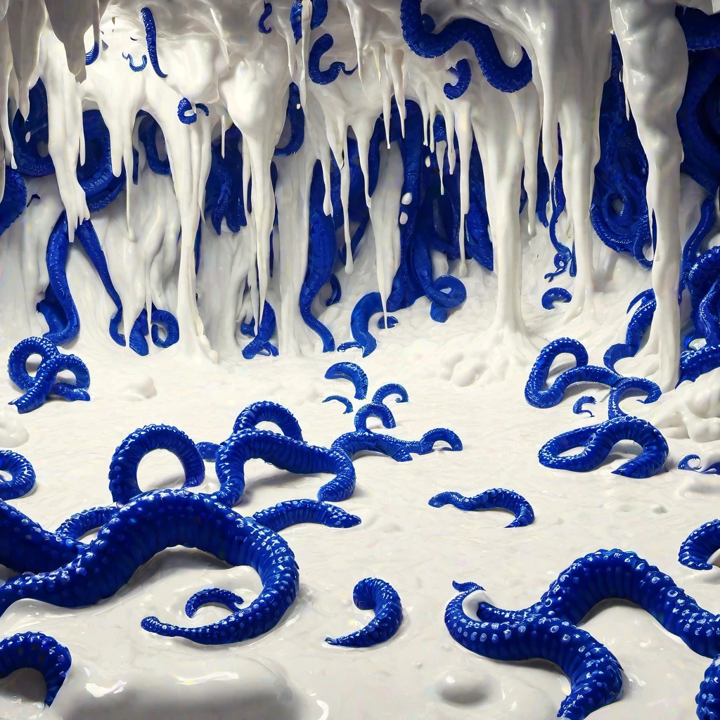 (masterpiece, best quality:1.2), bluetentws, "A picture of a place filled with royal blue tentacles like plants which a laying on a big puddle of thick white slime. The royal blue tentacles are thick and crowl into every edge of the image. There is nothing but royal blue tentacles and white thick slime. royal blue tentacles are coming from the ceiling, too. The thick white slime is wild with waves and thick bubbles. Big white slime waves like a tsunami. Big white slime bubbles are floating in the air. The royal blue tentacles are extreme thick and huge. The white slime looks like a white bubblebath. Some tentacle spit white slime out. Thick white slime makes big bulges on the floor."