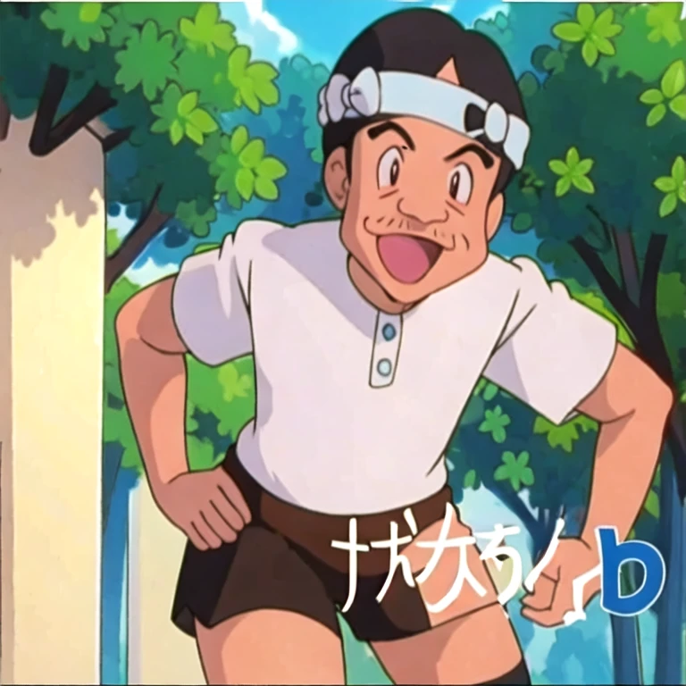 (masterpiece, best quality:1.2,ultra detailed,8k,zettai ryouiki),1boy,solo,Magikarp Salesman \(pokemon\),black eyes,black hair,white shirt,white headband,short sleeves,beard,looking at viewer,smile