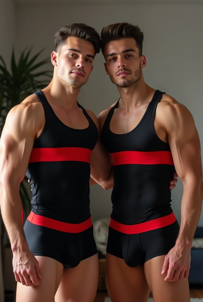 A man black in tank top under vest and
wide red colour stripline on tank top under vest and were black trunk underwear and wide red colour stripline on underwear with one boy friend in same clothes in home