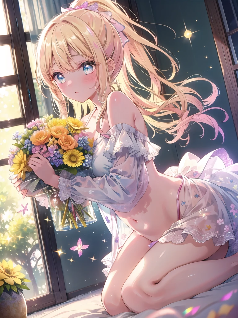 ((8k, Highest quality, masterpiece: 1.3)),Ultra-high resolution,(1 girl, alone), (Color changing eyes, Ultra-detailed, Expressive brilliance, Glitter, Glowing Eyes), Highly detailed eyes, Highly detailed face, Random Hair, ((pastel colour))A shy young woman with pastel buttercup yellow hair styled into a loose, messy ponytail, positioned on all fours like a nervous fawn on the plush carpet in her cozy bedroom during a serene afternoon. She is wearing a soft pink bikini with delicate floral patterns, emphasizing her gentle and innocent appearance. The camera captures her from a low, side angle, focusing on her timid expression as she glances up shyly, her body slightly curled inward as if seeking comfort. The soft, diffused light fills the room, creating a peaceful and calming atmosphere that perfectly matches her gentle and reserved demeanor.