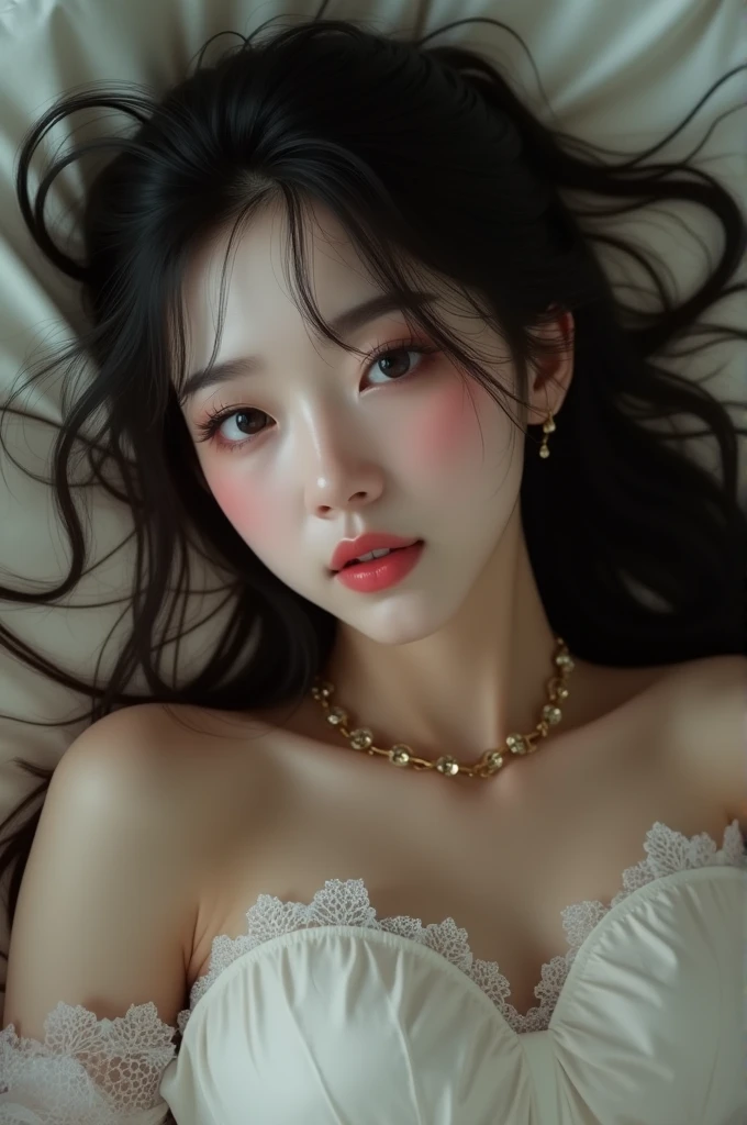 (eyes half open:1.5)、the most beautiful face、Japanese、pure white skin、long hairstyle、High definition eyes、Brown eyes、Sleep on your back in bed、(Huge 、messy hair:1.3)、open your mouth wide、Lift your chin、blush、(red blush:1.1)、Sweating all over、Makeup、Light eyebrows、long face、Adult faces、luxury bed、A necklace、Ultra high quality, high detail