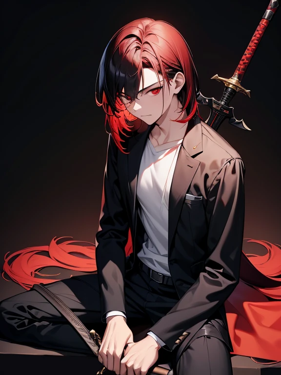 the man is sitting in front of a black background with a sword next to him, weapon, sword, solo, 1boy, red hair, black hair, male focus, red eyes, white background, simple background, holding weapon, sitting, multicolored hair, holding, long sleeves, holding sword