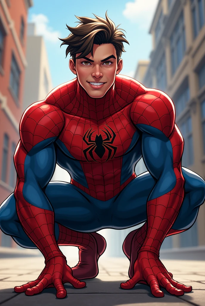 anime art: marvel art style, a masculine 19-year-old male with a big bulge, wearing spider superhero outfit , he's squatting down, flexing biceps, fluffy hair, smile
