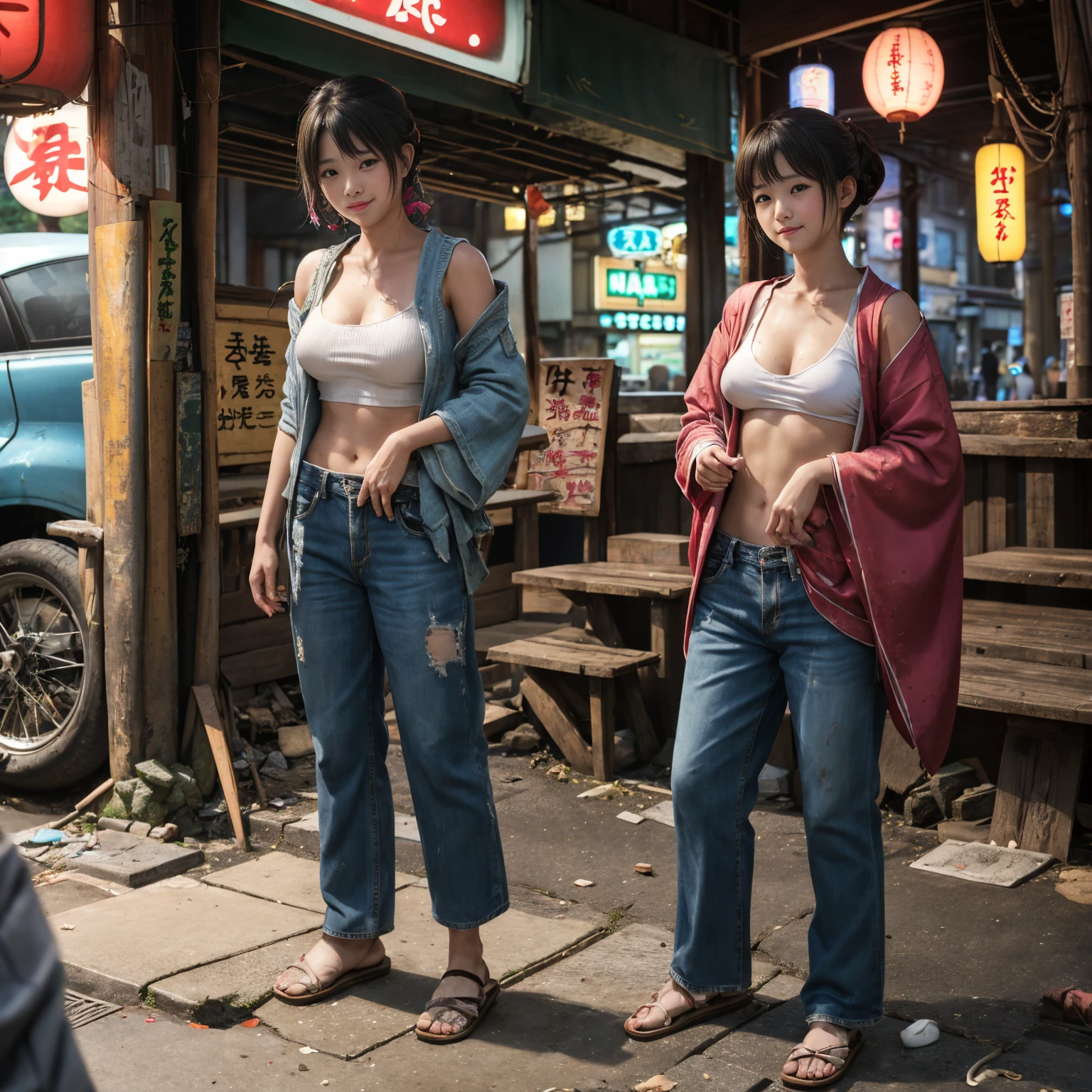 
((masterpiece、Highest quality))、Beautiful girls gather.、Three girls in summer clothes、(Showa Retro:1.2)、(Detailed and cute face:1.3)、(Poor conditions、Japan's poor neighborhoods、Dim and unsanitary、Standing Bar、みんなで楽しくdiet、Crumbling underground shopping mall:1.3)、屋台のdiet店、stage、sewage、Dirty shop、street vendors、Unsanitary and abandoned city、smile、diet、Poor person々