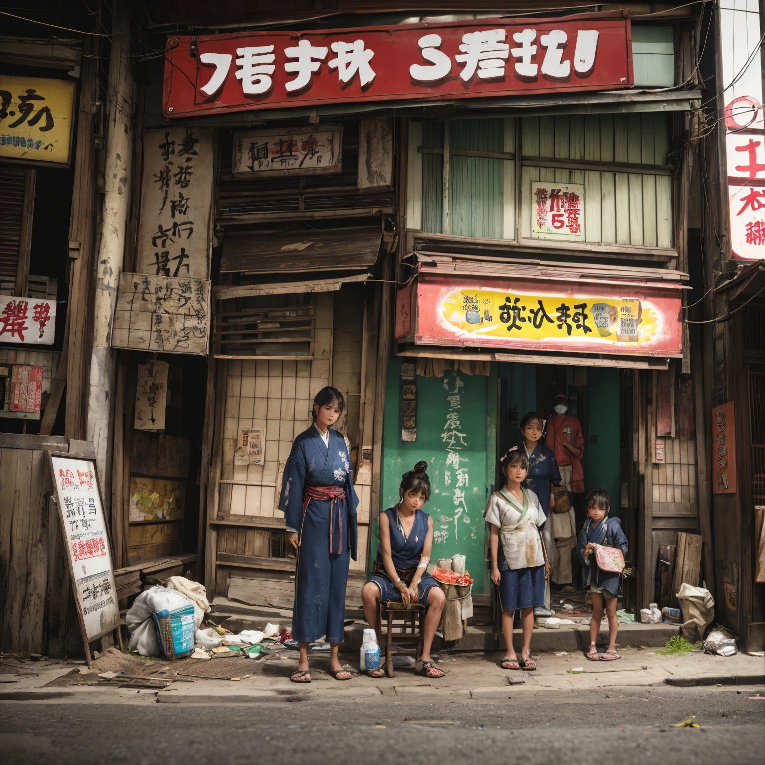 ((masterpiece、Highest quality))、Beautiful girls gather.、Three girls in summer clothes、(Showa Retro:1.2)、(Detailed and cute face:1.3)、(Poor conditions、Japan's poor neighborhoods、Dim and unsanitary、Standing Bar、みんなで楽しくdiet、Crumbling underground shopping mall:1.3)、屋台のdiet店、stage、sewage、Dirty shop、street vendors、Unsanitary and abandoned city、smile、diet、Poor person々