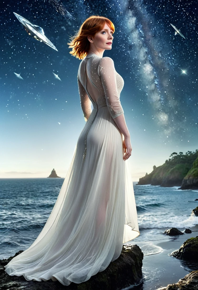 Bryce Dallas Howard (age 25, airy sheer white elegant gown), camera low looking up at her butt and a starry sky, a few tiny space ships fly across the sky, lush ocean world