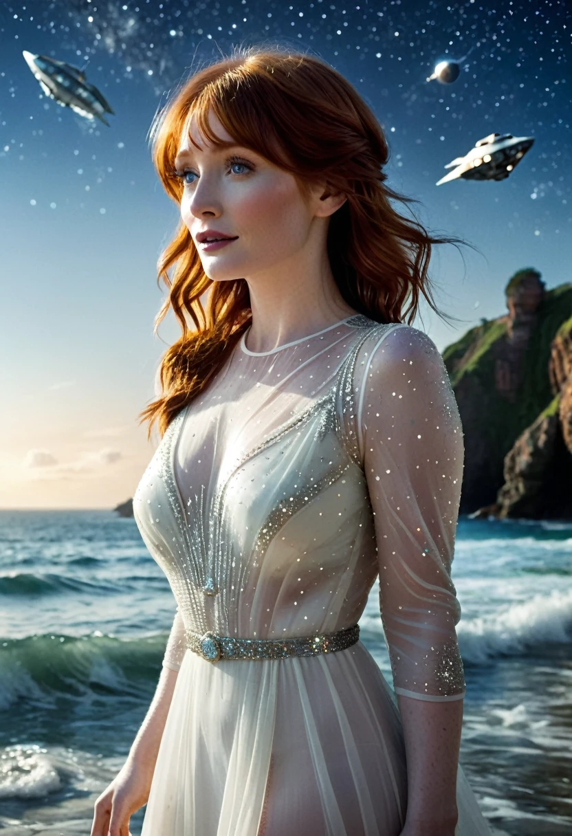 Bryce Dallas Howard (age 25, airy sheer white elegant gown), camera low looking up at her butt and a starry sky, a few tiny space ships fly across the sky, lush ocean world
