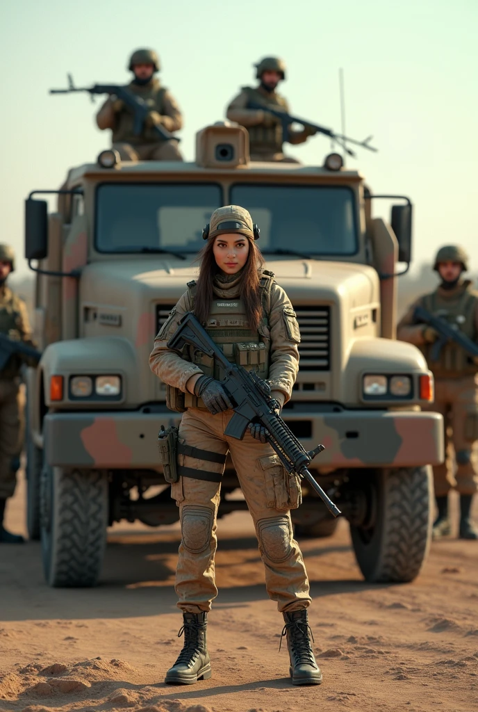 アルファロメオ軽truck with gun on back, Afghan soldiers, French Special Forces, Heavily armed, Taliban, Kurdish soldiers, Heavy Armor, Military Vehicles, Military weapons, Military equipment, truck, Camouflage, special forces security, modern Military equipment, Portable Rifle, with guns on their shoulders, gun posing in front of truck A female soldier, ((masterpiece, Highest quality, Best image quality, High resolution, Realistic, RAW Photos, 8k)), ((Highly detailed CG synthesis 8k wallpaper)),