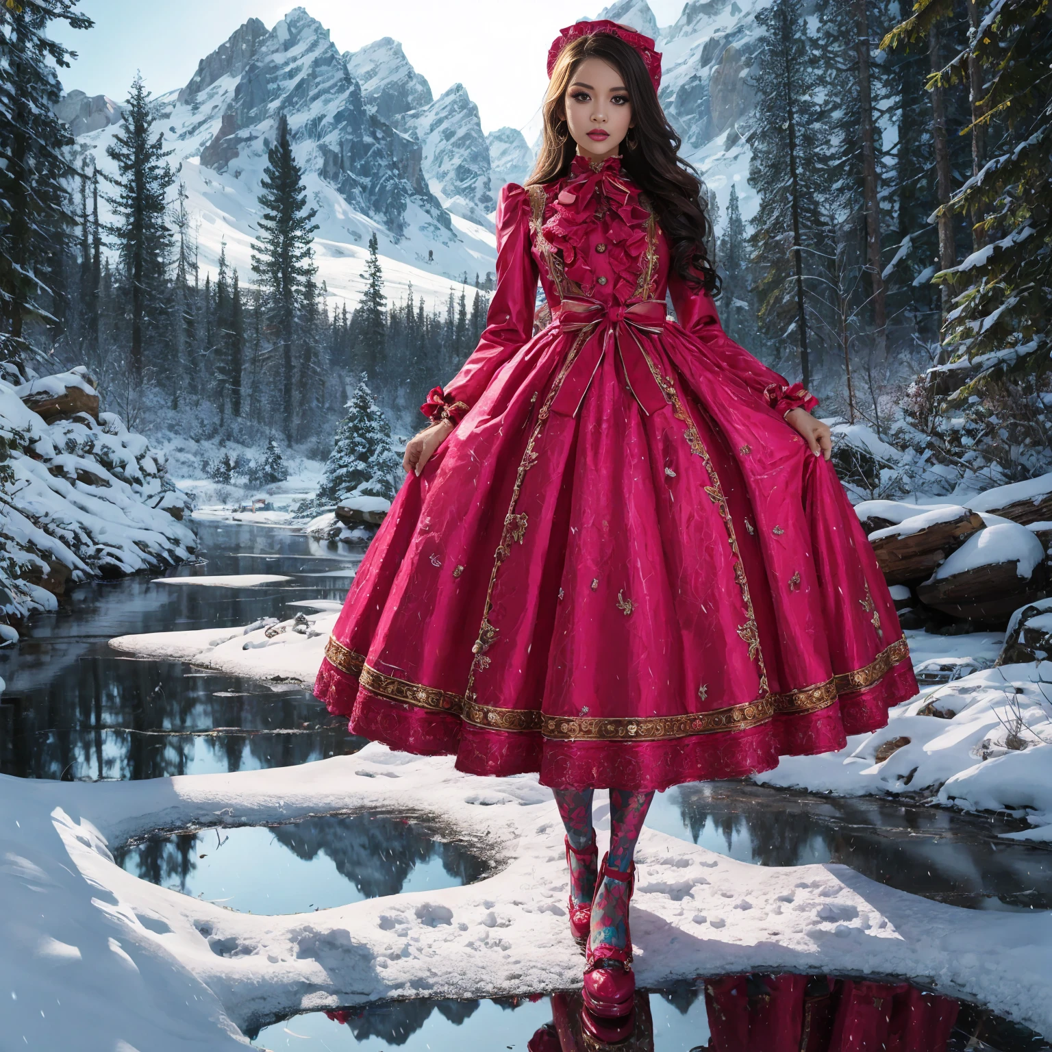 Model figure, long-legged woman, A woman in a luxurious and elaborate ****ta dress, wearing ****ta mary jane shoes with ornate details, patterned tights, standing on a snowy mountain, with reflective skin and reflective clothing, venusbody, full body shot, ray tracing, reflection light, chiaroscuro, UHD, masterpiece, anatomically correct, textured skin, super detail, high quality, 4K, highres