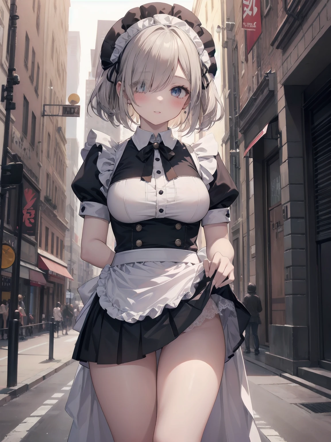 Highly detailed CG Unity 8k wallpaper, Top quality, Highly detailed, Masterpiece, Highly detailed pretty girl, , (((lifting skirt by herself))), (lifting skirt by herself)), dynamic angles, sexy pose, blush, lips apart, looking at audience, half body shot, (crowd), (crowded big city)), hair over one eye, immaculate beauty, less revealing maid outfit, classical maid fashion