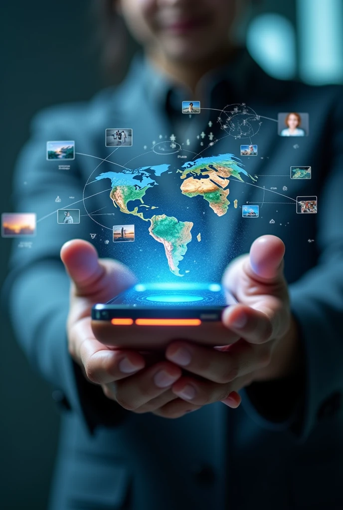 someone holding a smart phone with a lot of different images coming out of it, photo - shot, snapshot, photo render, earth maps, digitally enhanced, digital media, the image is futuristic, visuals, technological screens, amazingly composed image, information, high quality picture, technologies, high quality image”, technological, digital screens, a picture, take control of your data, virtual, enhancee