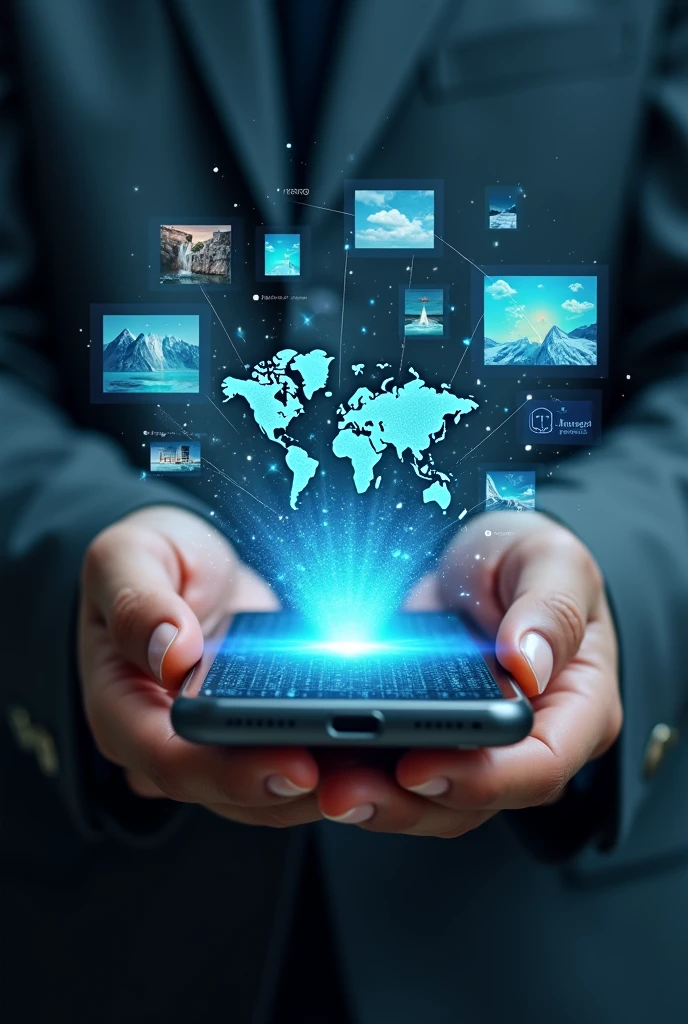 someone holding a smart phone with a lot of different images coming out of it, photo - shot, snapshot, photo render, earth maps, digitally enhanced, digital media, the image is futuristic, visuals, technological screens, amazingly composed image, information, high quality picture, technologies, high quality image”, technological, digital screens, a picture, take control of your data, virtual, enhancee