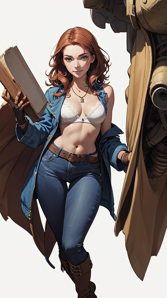 (cartoon style:1.2), Drawings of (Ginevra Molly Weasley), he used to smile, perfect green eyes, face detailed, White background, fun pose, seducing gaze,Full body wearing the Sanserina uniform, beautiful medium breasts and wonderful body cartoon style digital illustration. Wearing pantiesJennifer Connelly , , white bra, green vest, sleeveless, へそ, blue jeans, Brown boots, gloves fingerless, short gloves, slightly-smile, shorth hair, wavy hair, parted bangs, blue colored eyes, wart under the right eye, old american west, sunny desert background, waist belt, best qualityer, Artwork Jennifer Connellyum close-up of a woman with a necklace around her neck, attractive female face!!!, very beautiful face, very attractive and beautiful, Natalie Dormer, Sydney Sweeney, like Corinne, amber ear, holywood actress, Dakota Fanning, with very thin lips, taken at the beginning of 2020, face perfect ), most beautiful woman in the worlda woman in a blue jacket and jeans posing for a photo, artegerm extremamente detalhado, gama murata and artegerm, artegerm style, Krenz Cushart e Artegerm, seductive anime girl, artegerm trend, model iG | artegerm, by Yoshihiko Wada, in the artegerm style, artegerm style