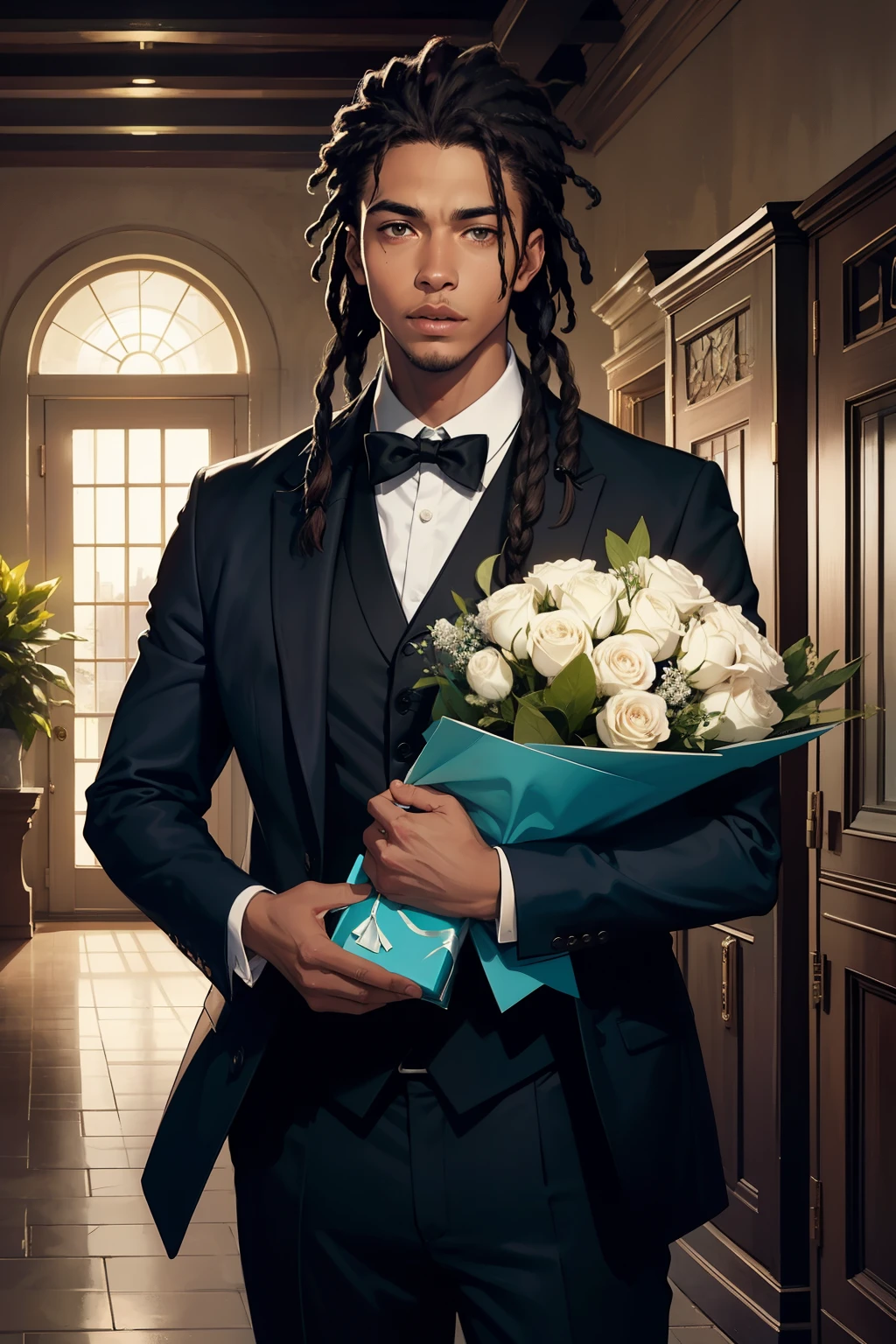 clearing! Imagine a black man with an imposing and confident posture. He is elegantly dressed in a well-tailored tuxedo, that highlights his striking presence. His hair is styled in dreadlocks, Carefully groomed, adding a touch of personality and style to his look. He exudes an aura of sophistication and authority, with a steady and determined gaze, conveying a sense of respect and admiration, he is holding a bouquet of flowers and a box of chocolates