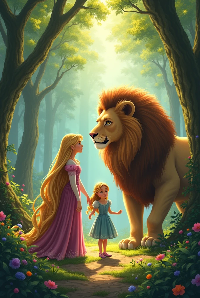 rapinzel and her sister meet a lion who takes them home