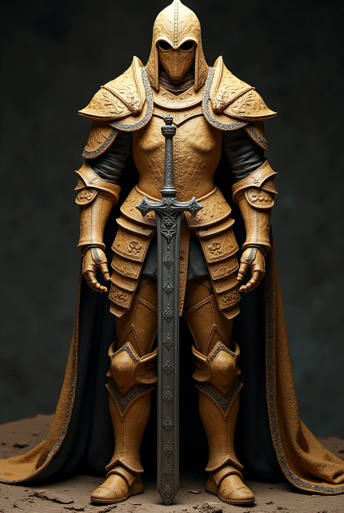 A complete suit of armor made entirely out of cookies. The armor is a medieval style of dark souls elegant and is made up of cookies and the helmet cover all the head and have a mask to protect his face and the helmet is made up cookies too. armor with high movility with a long sword medieval made up of cookies too.

