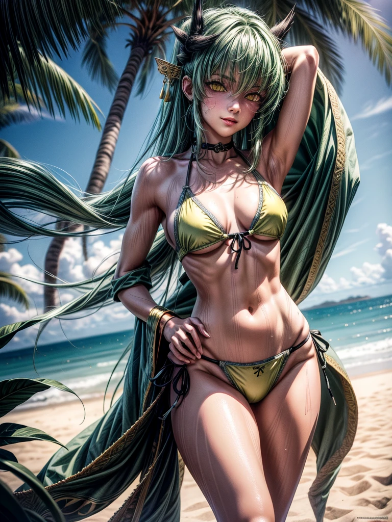 kiyohime, (green hair:1.4), (yellow eyes:1.4), long hair, (small breasts:1.6), muscular Female, thicc thighs, curvy hips, tanlines, swimsuit mark,
BREAK, (bikini:1.4),
BREAK looking at viewer, at beach, (sweaty body), ((smirk)), (sweaty:1.3), (from below), (frontal view),
BREAK (masterpiece:1.2), best quality, high resolution, unity 8k wallpaper, (illustration:0.8), (beautiful detailed eyes:1.6), extremely detailed face, perfect lighting, extremely detailed CG, (perfect anatomy),