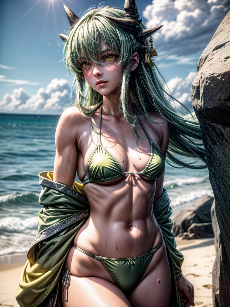 kiyohime, (green hair:1.4), (yellow eyes:1.4), long hair, (small breasts:1.6), muscular Female, thicc thighs, curvy hips, tanlines, swimsuit mark,
BREAK, (bikini:1.4),
BREAK looking at viewer, at beach, (sweaty body), ((smirk)), (sweaty:1.3), (from below), (frontal view),
BREAK (masterpiece:1.2), best quality, high resolution, unity 8k wallpaper, (illustration:0.8), (beautiful detailed eyes:1.6), extremely detailed face, perfect lighting, extremely detailed CG, (perfect anatomy), 