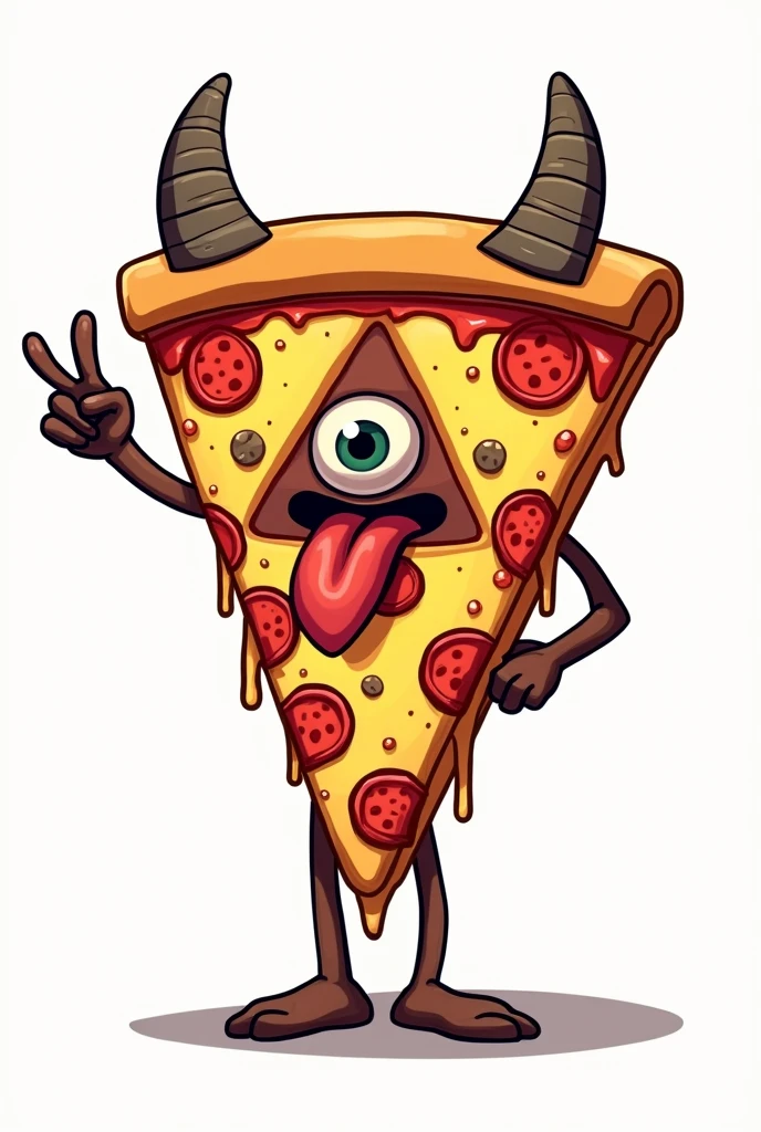 **Slice of CARTOON STYLE animated pizza with a very serene appearance, WITHOUT A MOUTH OR SMILE, just one eye in the center of a pyramid-shaped triangle with the main vertex pointing up, sticking out a long tongue in a rough rock or biker style, with melted cheese. The triangular slice resembles the Illuminati symbol, and in one hand, it is clearly making the "rock horns" or "maloik" gesture.** It looks like a cartoon with a pin-up style, with amazing 4k quality colors, a white background, and well-cast shadows where they need to be. Let it be a standing pepperoni pizza, with melted cheese.