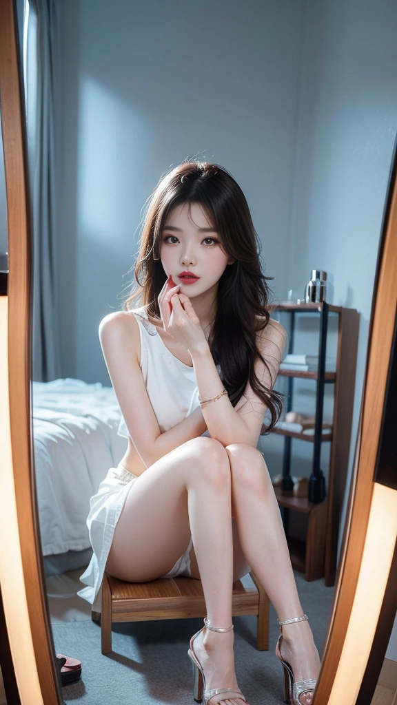 high quality, realistic, 1 Korean woman, Very pretty face, slim and nice body, sexy top, mini skirt, sandals high heels, Luxury Bags, Sitting in front of the mirror in her room and doing makeup, manicure, pedicure, nail art, anklet, apply lipstick while looking in the mirror, Sitting with your legs crossed in a sexy way