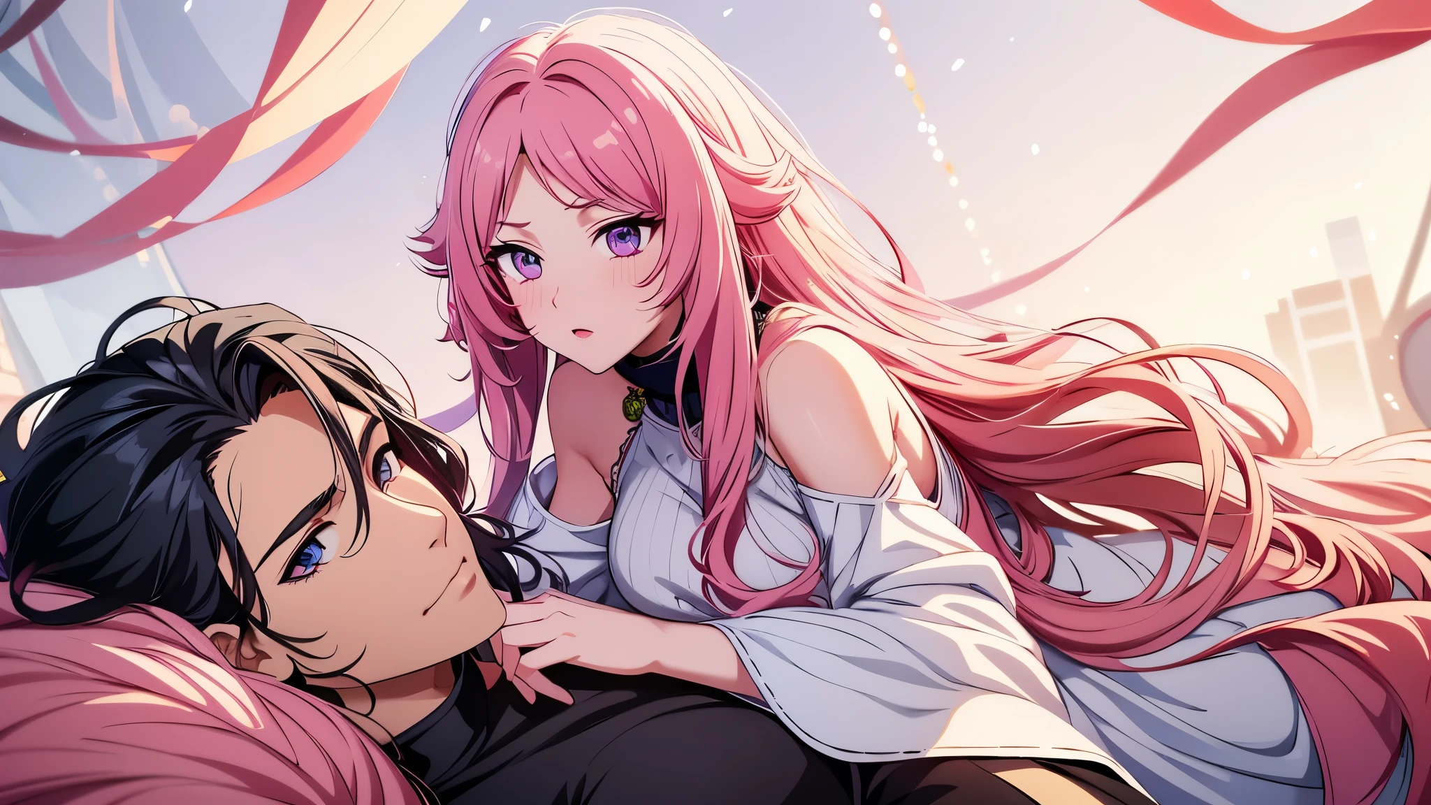 long dark haired man, very big hair, girl on top of him, girl with pink hair, passionate looks, anime traits, thick line art, anime traits anos 2020, accurate eyes, perfects eyes, detailedeyes, 