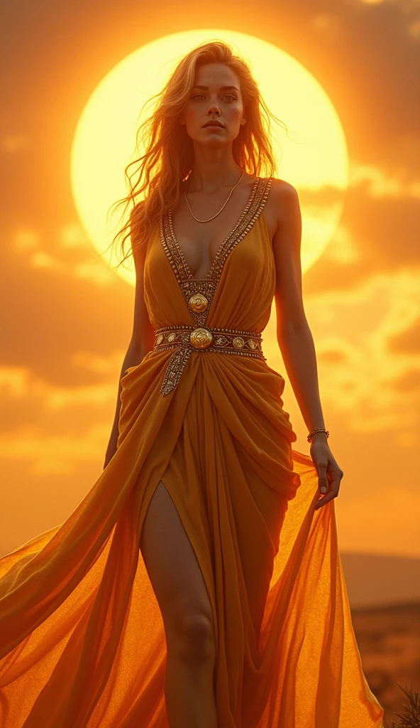 a tall menacing figure, wide shoulders, frail body, gaunt, body is withering/decaying, covered head to toe in a tattered yellow cloak, yellow cloak covering whole body except forearms, tattered yellow hood over the head, scrappy yellow veil covering entire face, face completely concealed, old yellow stained bandage wraps loosely cover arms, many golden bangles all over both forearms, covered in golden jewelry, old decrepit hands, hands hovering just over the naval, hands are steepling together, a giant golden sunset behind them,