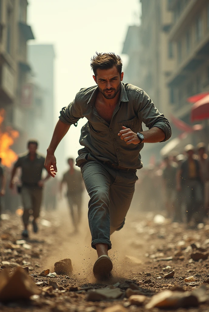 Man running in the middle of widespread chaos