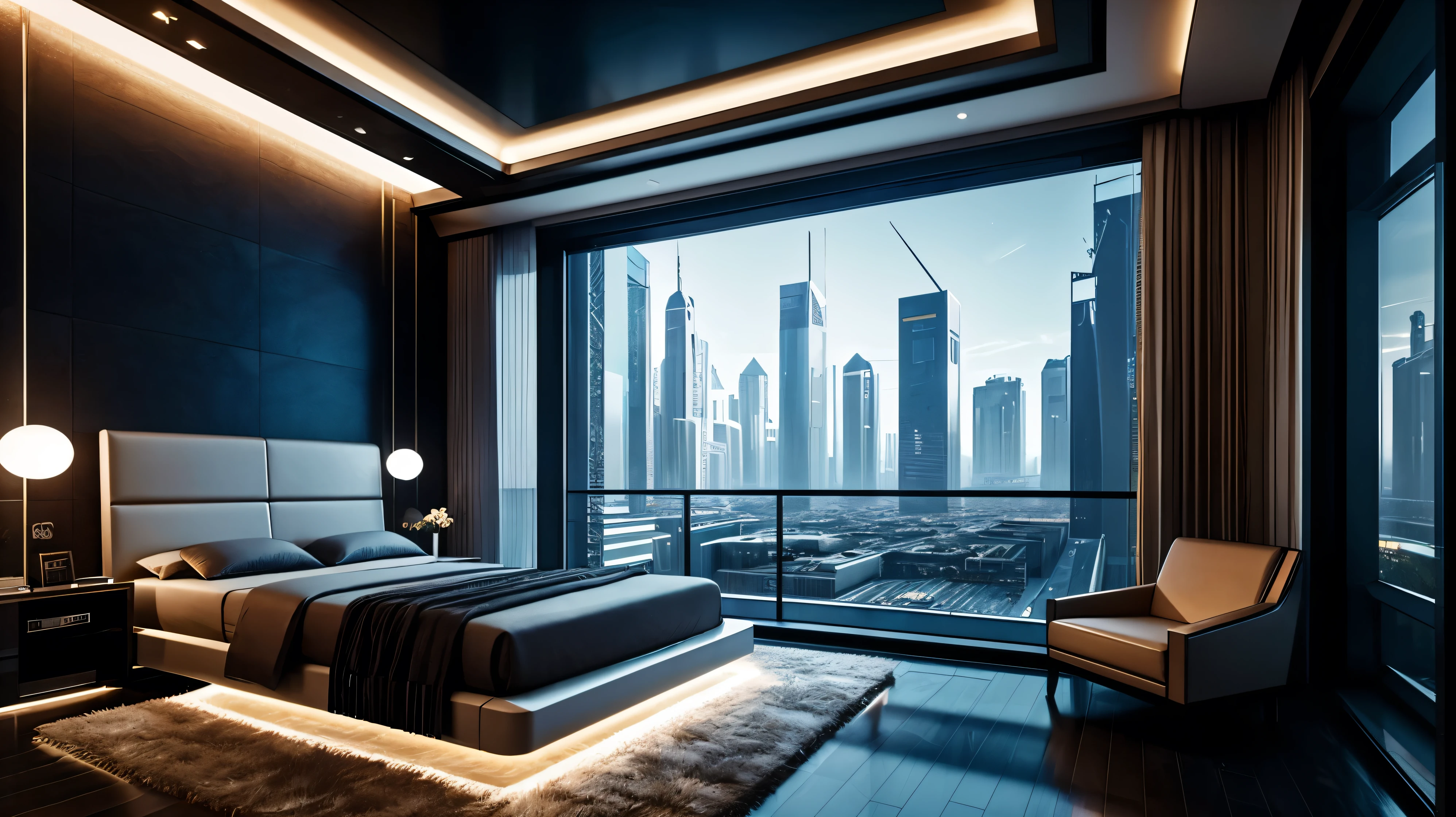 scifi, architectual, space design, cyberpunk, futuristic, luxury bedroom, hightech, hard-surface design, daylight, much tech, much electronic, much space, very cozy, ambient light, realistic view, wide angle, year 2124