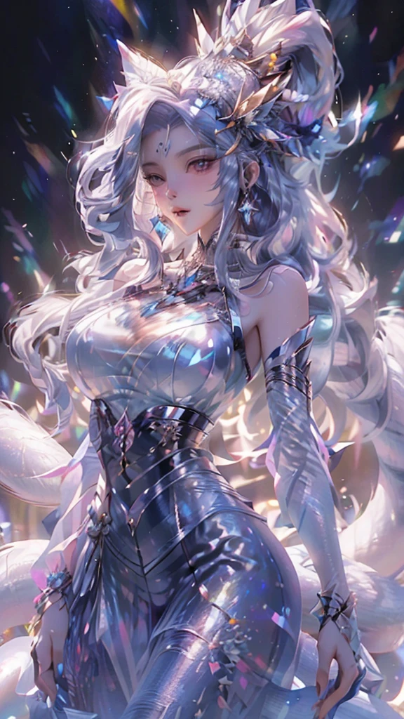 best quality,masterpiece,Ultra-high resolution,photoactual:4:0,Snow,A hot oriental woman,Crystal clear white long flowing hair,White dragon scale head style,Big breasts,thin waist,Bright white dragon scale robe,sideways,Above the waist,Close up