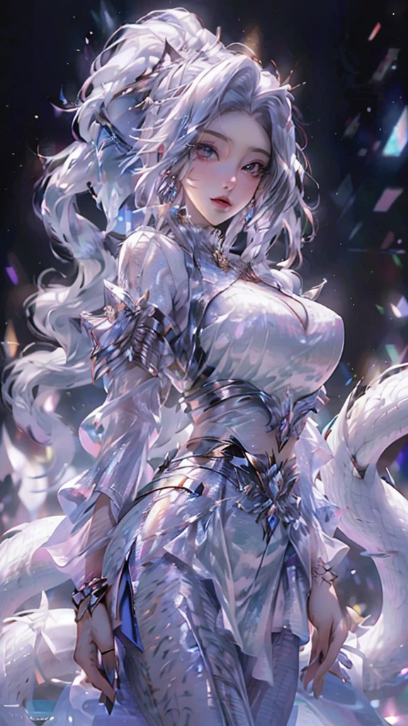 best quality,masterpiece,Ultra-high resolution,photoactual:4:0,Snow,A hot oriental woman,Crystal clear white long flowing hair,White dragon scale head style,Big breasts,thin waist,Bright white dragon scale robe,sideways,Above the waist,Close up