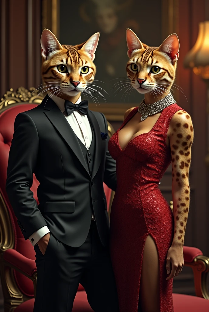 Very rich Egyptian Mau cat wearing elegant suit sitting on a luxurious chair in his office and next to him is a female Egyptian Mau cat wears a very sexy evening dress, real, high resolution detail, full picture as real life