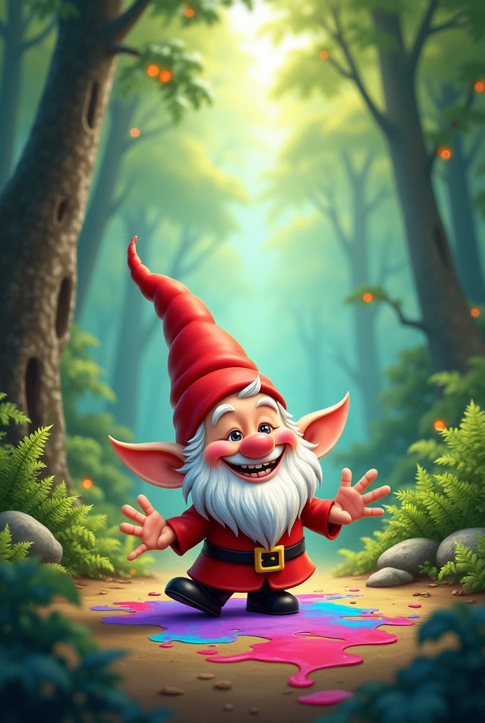 Image of a gnome for a children&#39;s story with paint spilled in the forest
