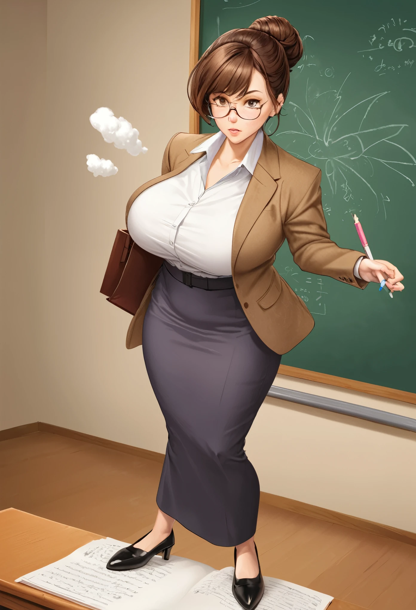 

detailed illustration, dynamic angle, ultra-detailed, illustration, 1girl, 28 year old, milf, white Oxford shirt, long wool skirt, open brown jacket , stockings, high heeled shoes, thick rimmed glasses, thick thighs, wavy brown hair, hair in a tight bun, bangs, bright brown eyes, cleavage, large sagging breasts, standing in college class room, lecture podium, reading from notes, chalk board, stern, professional, droll, annoyed, wide child bearing hips, trace of white powder on nose,