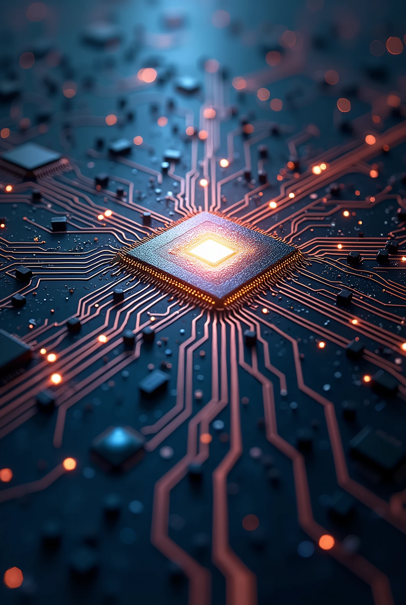 Design a cover that combines classic computing elements (Circuits, chips) with quantum symbols (overlap, entanglement) to represent the fusion of both disciplines.