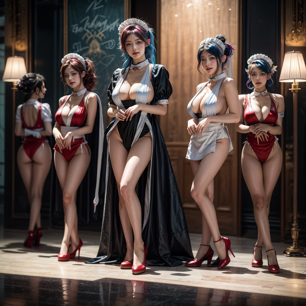 (Full Body of Extremely Detailed((Sexy Maid Group in a row:1.37))), KAWAII perfect face with Reflective Eyes, Detailed(Delicate Clothing textures), Correct Graceful Legs, Dynamic Joyful Expressions LifeLike Rendering, Specular Reflection, TopQuality 8K Ultra-detailed masterpiece (ProfessionalPhoto:1.37), (Acutance:0.8), (Luminism:1.28), Renaissance art style, Colorful Light particles, (Full body from side) {MicroMini Skirt|Kissing Face to Face|Thigh Gap|Cute Peach AssFocus|(NakedApron with (Overflowing Sideboob))}, Radiant Fine Skin with Transparency, {Pink Hair|LightBlue Hair|Blonde|Pure White Hair|Liquid Hair|Red Shoes}, Perfect Lighting