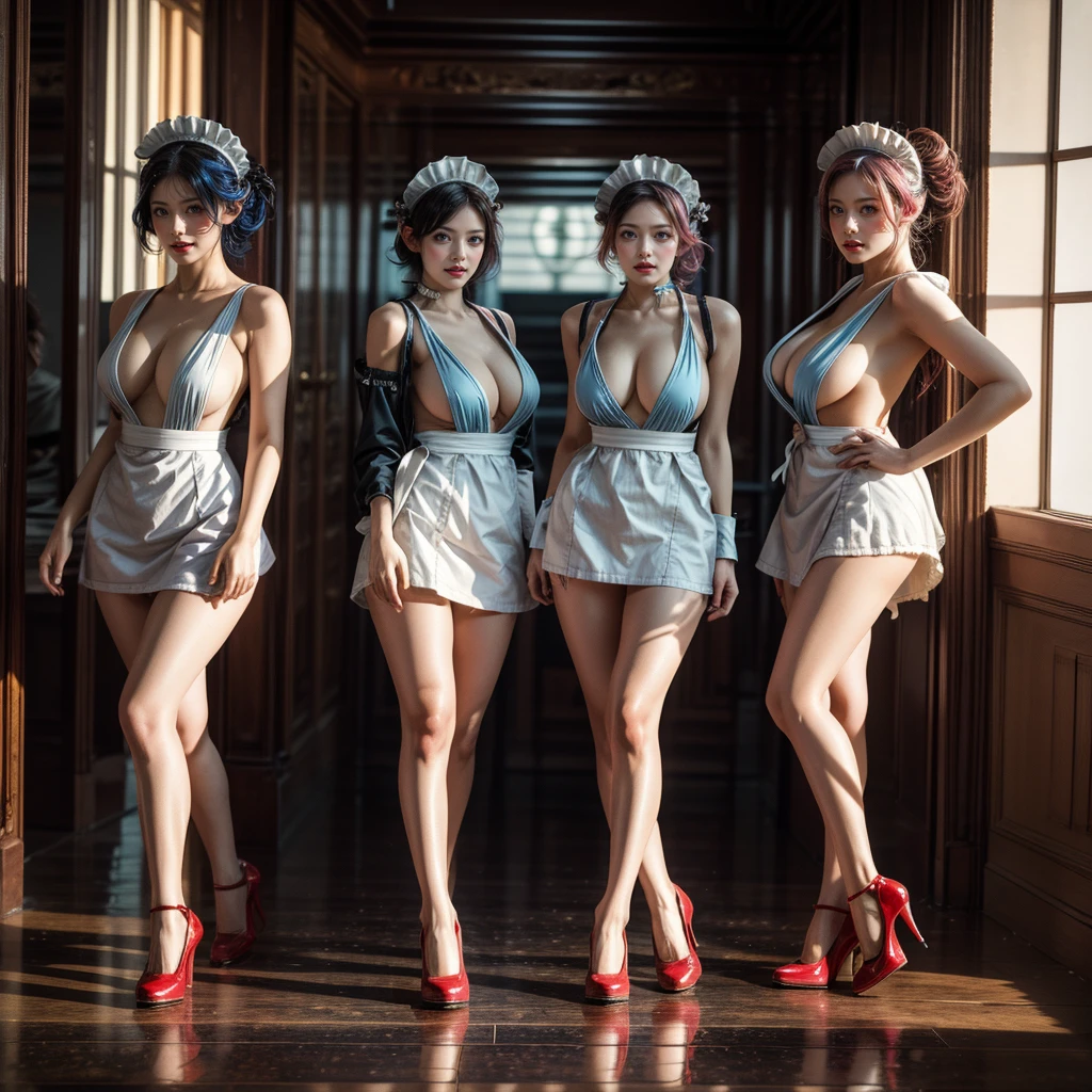 (Full Body of Extremely Detailed((Sexy Maid Group in a row:1.37))), KAWAII perfect face with Reflective Eyes, Detailed(Delicate Clothing textures), Correct Graceful Legs, Dynamic Joyful Expressions LifeLike Rendering, Specular Reflection, TopQuality 8K Ultra-detailed masterpiece (ProfessionalPhoto:1.37), (Acutance:0.8), (Luminism:1.28), Renaissance art style, Colorful Light particles, (Full body from side) {MicroMini Skirt|Kissing Face to Face|Thigh Gap|Cute Peach AssFocus|(NakedApron with (Overflowing Sideboob))}, Radiant Fine Skin with Transparency, {Pink Hair|LightBlue Hair|Blonde|Pure White Hair|Liquid Hair|Red Shoes}, Perfect Lighting