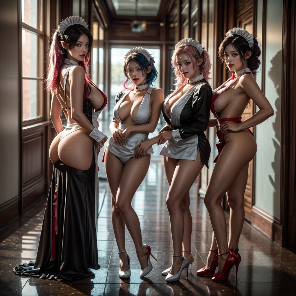 (Full Body of Extremely Detailed((Sexy Maid Group in a row:1.37))), KAWAII perfect face with Reflective Eyes, Detailed(Delicate Clothing textures), Correct Graceful Legs, Dynamic Joyful Expressions LifeLike Rendering, Specular Reflection, TopQuality 8K Ultra-detailed masterpiece (ProfessionalPhoto:1.37), (Acutance:0.8), (Luminism:1.28), Renaissance art style, Colorful Light particles, (Full body from side) {MicroMini Skirt|Kissing Face to Face|Thigh Gap|Cute Peach AssFocus|(NakedApron with (Overflowing Sideboob))}, Radiant Fine Skin with Transparency, {Pink Hair|LightBlue Hair|Blonde|Pure White Hair|Liquid Hair|Red Shoes}, Perfect Lighting