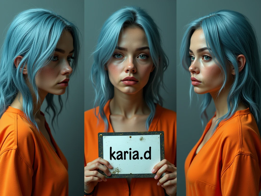 biracial latina woman, no make up, tired, messy long light blue hair, light blue eyes,large breasts, mug shot, wear orange inmates ,Résolution Haute,hold Identification panel with "Karia.D" write on it, De Côté, Vues Multiples, photorealistic