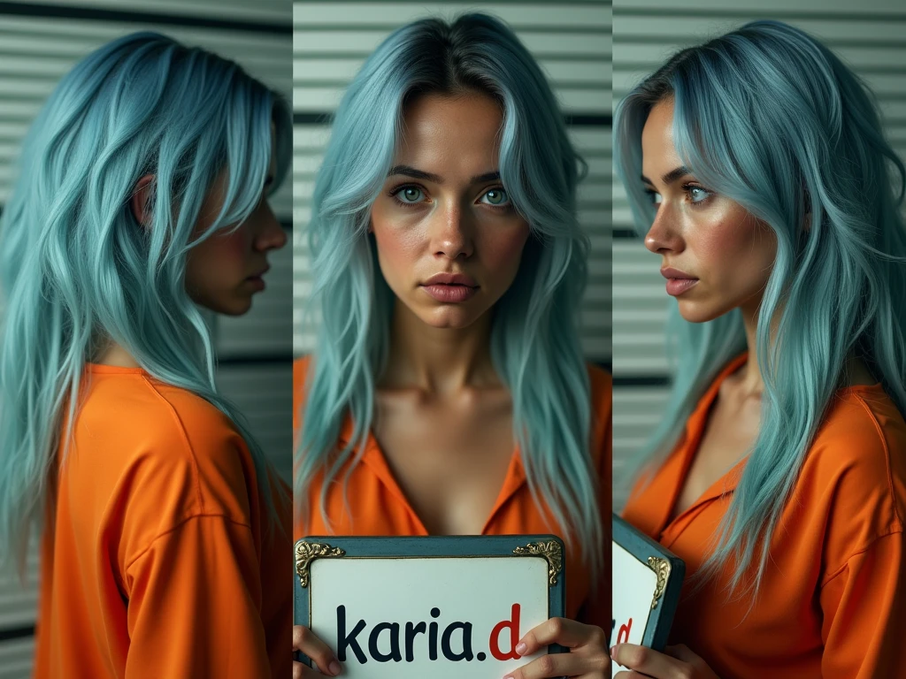 biracial latina woman, no make up, tired, messy long light blue hair, light blue eyes,large breasts, mug shot, wear orange inmates ,Résolution Haute,hold Identification panel with "Karia.D" write on it, De Côté, Vues Multiples, photorealistic