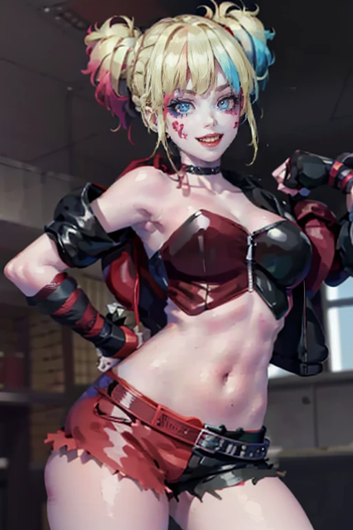 Suicide Squad Clown Girl，1girll，Short double ponytail，evil grin smile，The upper part of the body，Detailed picture，photorealestic, sexy, horny, flirting with camera, closeups cleavage, open legs, 