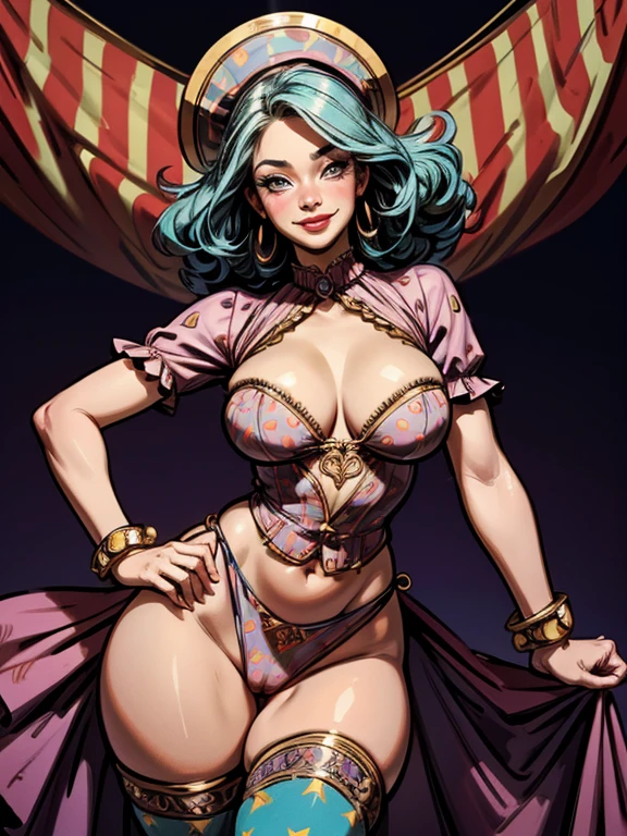 a clown girl swaying her hips,smiling,cleavage showing,detailed face,beautiful detailed eyes,beautiful detailed lips,extremely detailed face, cameltoe,lifelike portrait,hyper realistic,detailed clothing,dynamic pose,colorful outfit,circus theme,whimsical,vibrant colors,warm lighting,intricate details,cinematic composition,photorealistic,8k,highres,best quality