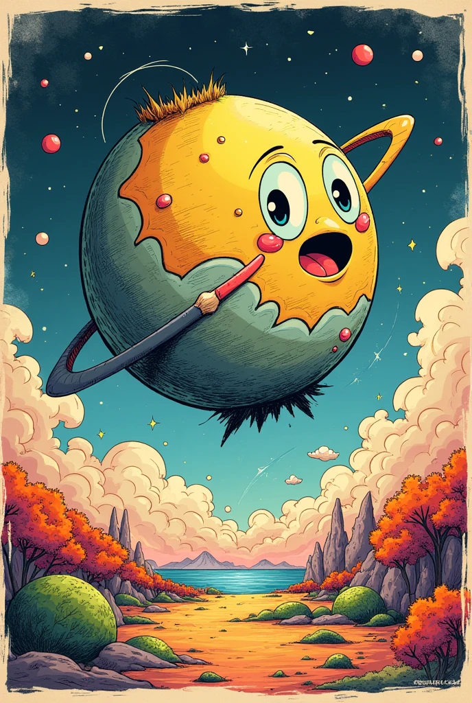 A planet like the drawings from the cuphead game , with a pencil drawing a line around it with colors