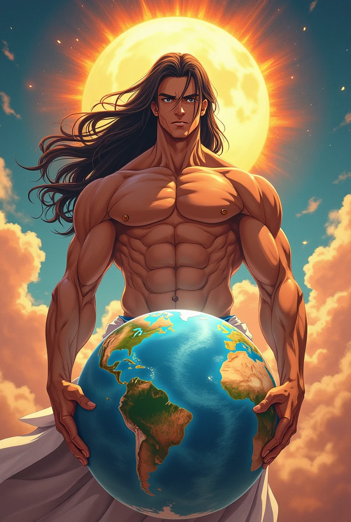 draw a handsome guy Anime face long hair two bangs very handsome muscular he is muscular not too skinny not too fat in his hand he is holding the multiverse Under his feet he is stepping on Planet Earth,He was shirtless holding the earth with one hand next to him was a woman as big as him it was his wife a wife with ivory white platinum hair three full curves that wife was lying on the sun He was stepping on the Earth in his hand he was also holding the earth