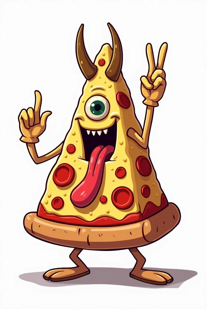 **Slice of CARTOON STYLE animated pizza with a very serene appearance, WITHOUT A MOUTH OR SMILE, just one eye in the center of a pyramid-shaped triangle with the main vertex pointing up, sticking out a long tongue in a rough rock or biker style, with melted cheese. The triangular slice resembles the Illuminati symbol, and in one hand, it is clearly making the "rock horns" or "maloik" gesture.** It looks like a cartoon with a pin-up style, with amazing 4k quality colors, a white background, and well-cast shadows where they need to be. Let it be a standing pepperoni pizza, with melted cheese.