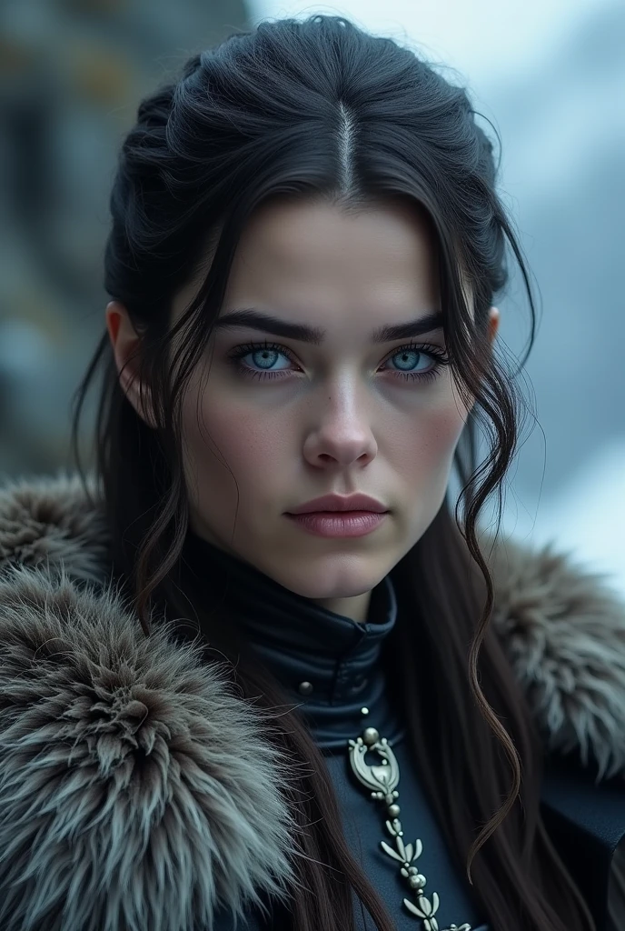 Marie avgeropoulos in game of thrones. She is a Stark and she has very very very pale blue eyes. She looks like a northern queen.