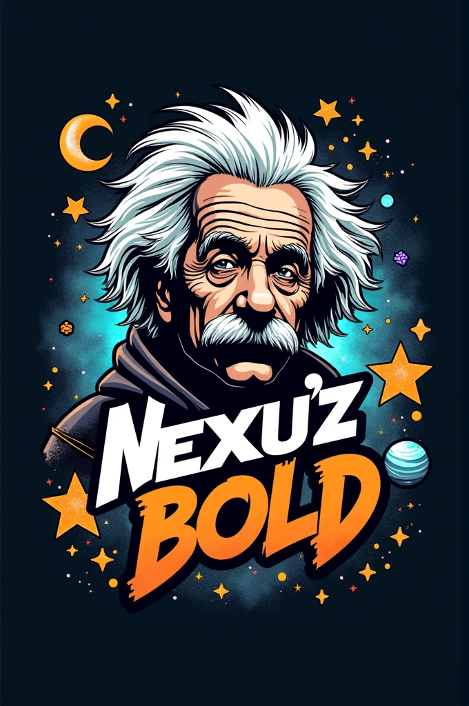 I want to create a logo for my brand with these ideas Text: "Nexu&#39;z Bold" in graffiti style.
Visual Elements: Einstein&#39;s hair styled as part of the design, mixed with astronomical elements such as stars and planets.
colors: Use black and grey for an urban touch, with blue accents, orange, white and silver to represent physics.
urban style: Incorporate textures and details like graffiti, urban patterns and spray effects